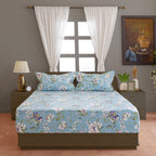 Cotton Floral Double Queen Bedsheet with 2 Pillow Covers 144TC - Sky Blue Botanical Print (90x100 inches)