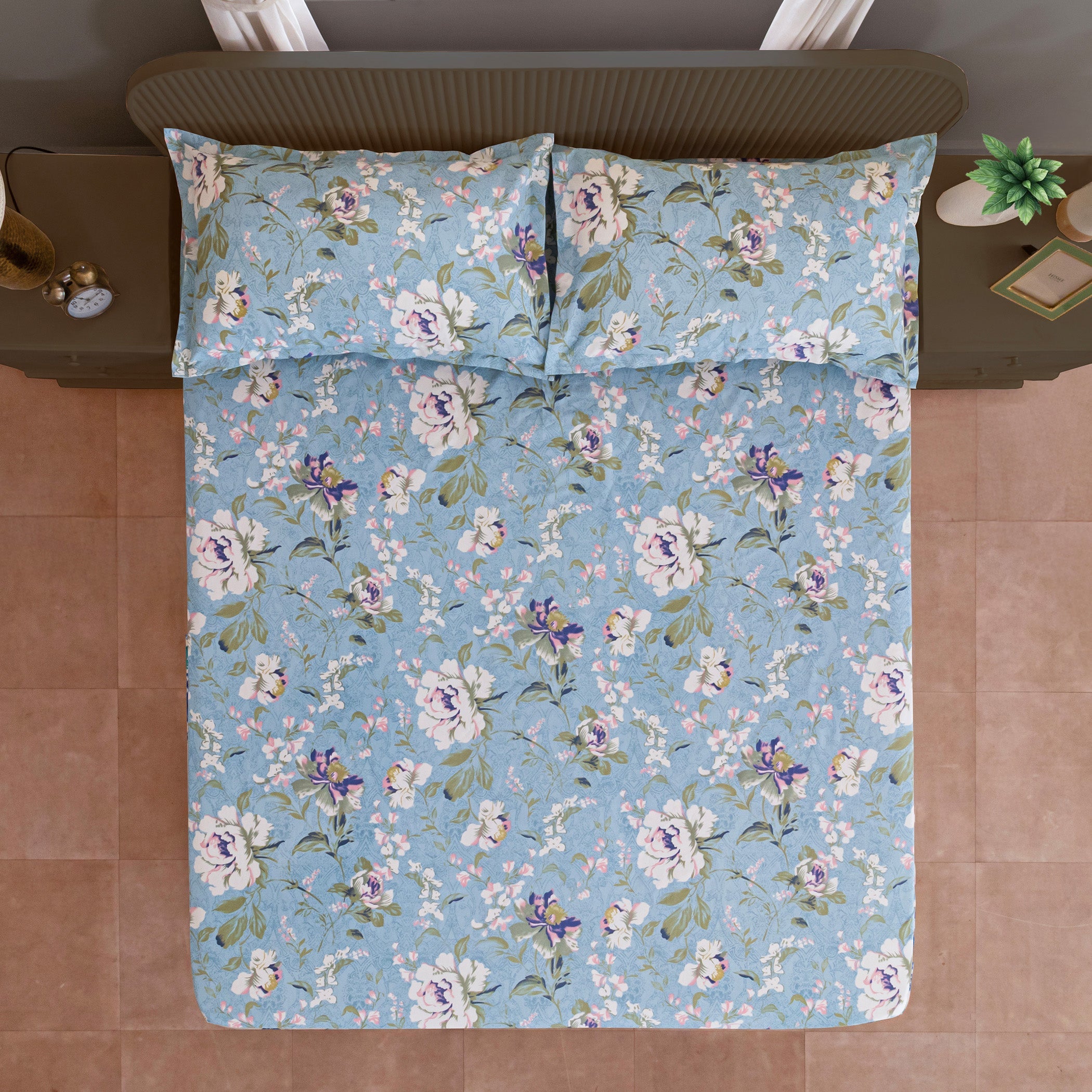 Cotton Floral Double King Bedsheet with 2 Pillow Covers 144TC - Sky Blue Botanical Print (90x108 inches)
