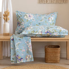 Cotton Floral Double Queen Bedsheet with 2 Pillow Covers 144TC - Sky Blue Botanical Print (90x100 inches)