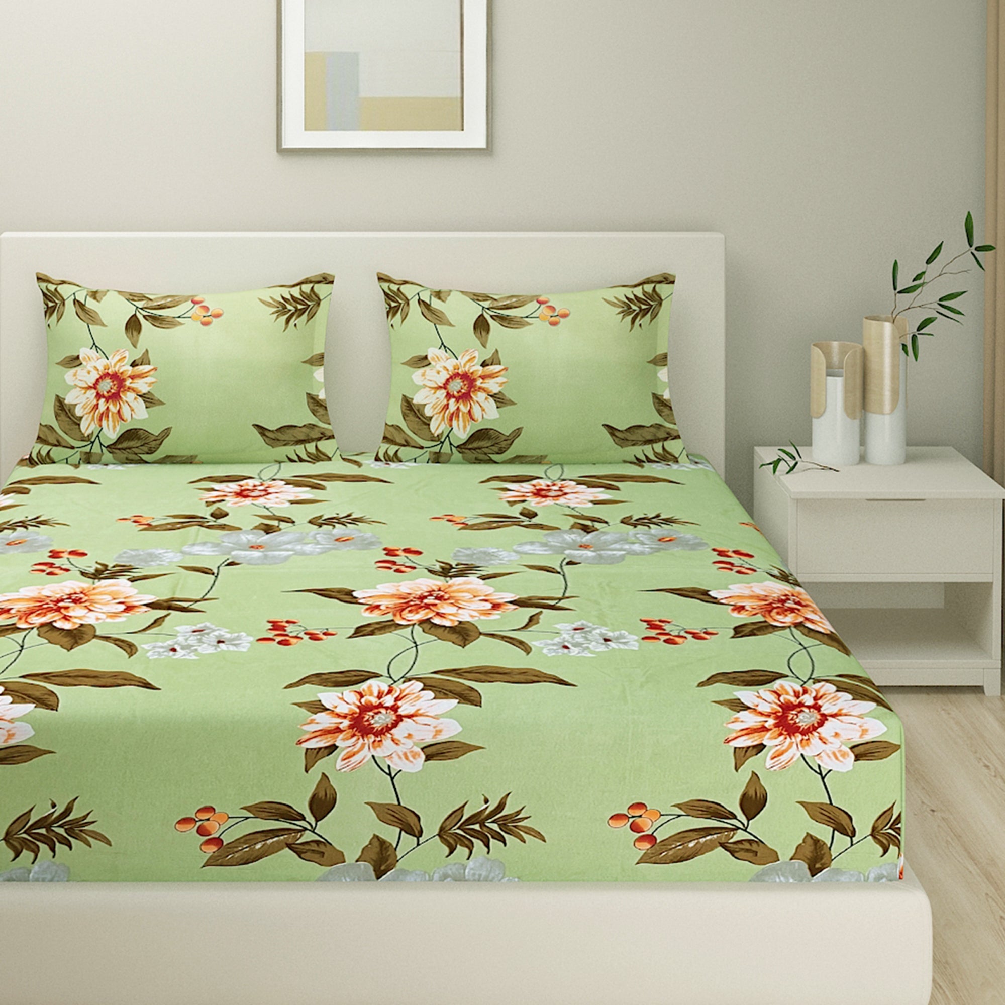 Blended Cotton Double Queen Bedsheet with 2 Pillow Covers - Floral Design, Green (90x100 inches)