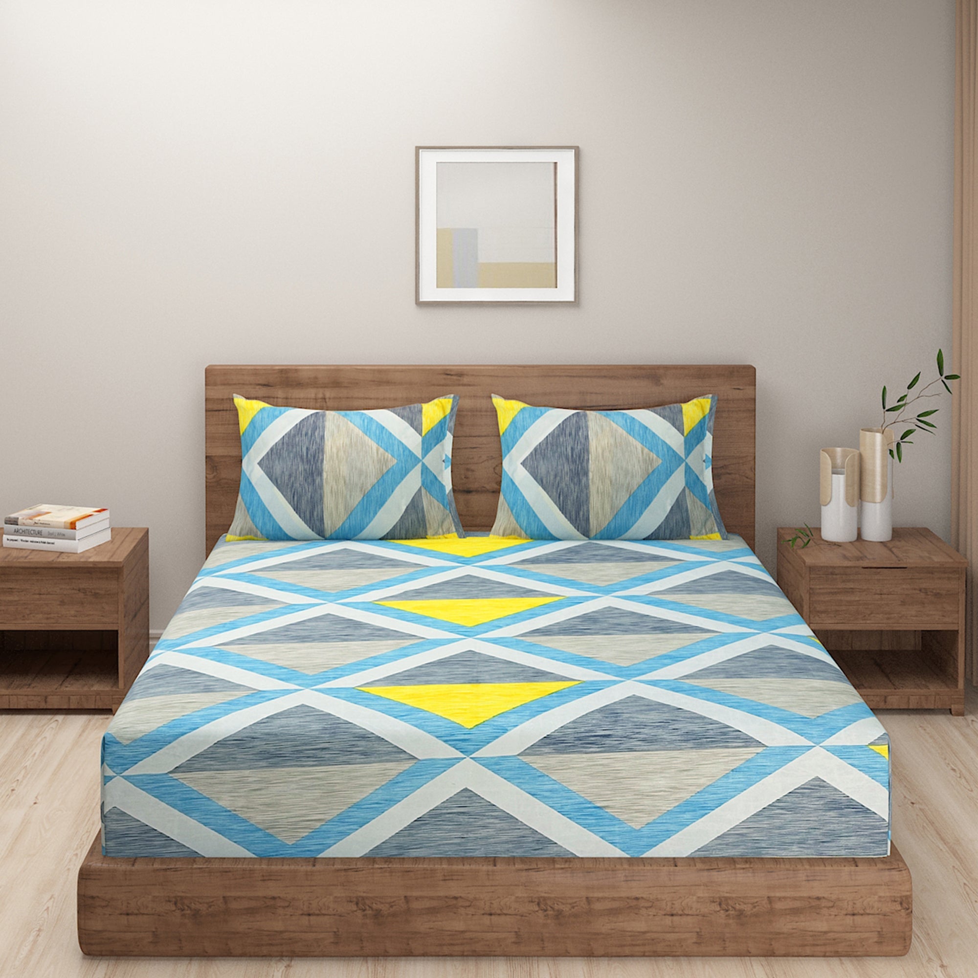 Geometric Skyline Double Queen Bedsheet - Modern Abstract Design in Blue & Yellow (90x100 inches)