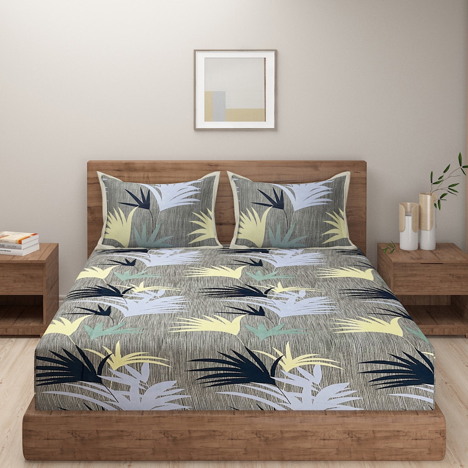 Tropical Breeze Double Queen Bedsheet - Soft Pastel Palm Leaf Pattern for a Fresh, Modern Look (90x100 inches)