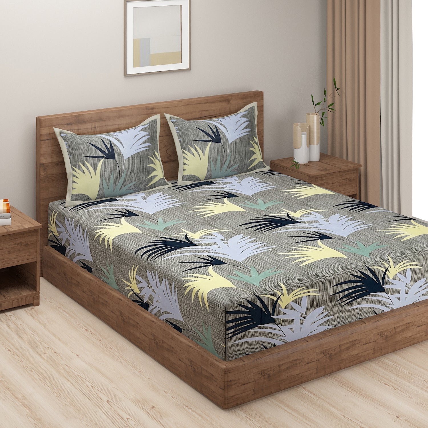 Tropical Breeze Double Queen Bedsheet - Soft Pastel Palm Leaf Pattern for a Fresh, Modern Look (90x100 inches)