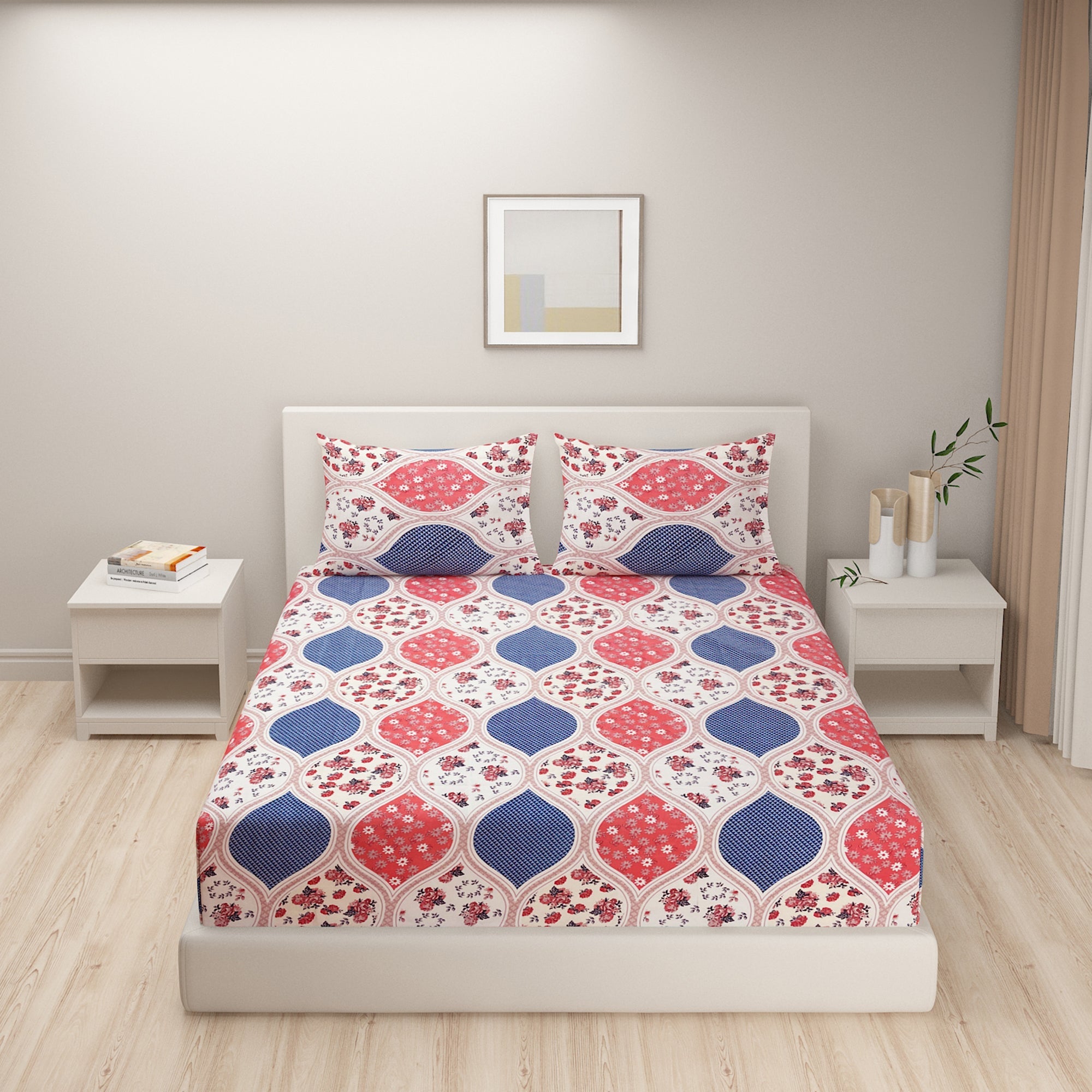 Bold Red & Blue Arch Floral Double Queen Bedsheet - Soft Cotton Feel, Vibrant Printed Design (90x100 inches)