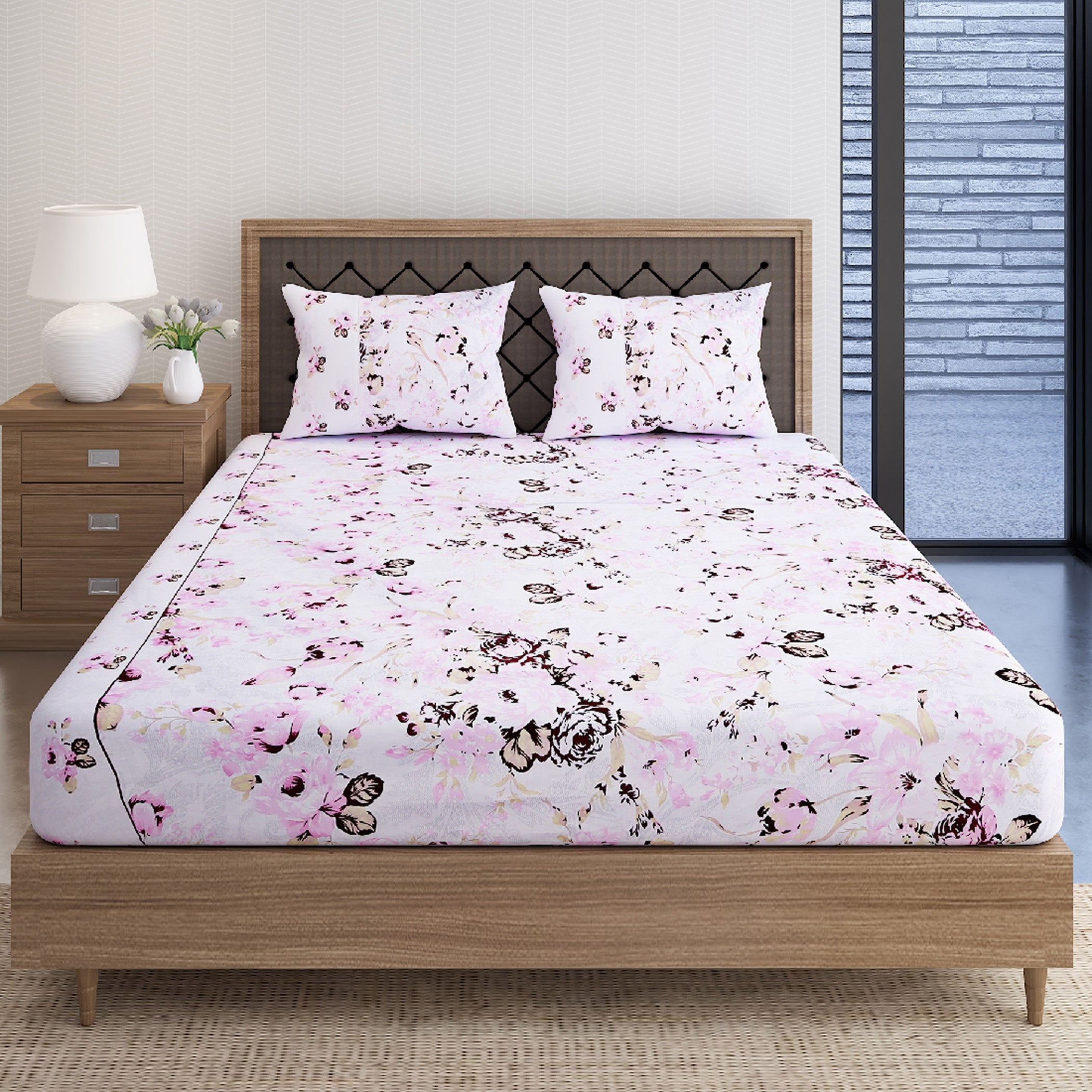 Soft Pink Watercolour Floral Print Pure Cotton 160 TC Double King Bedsheet with 2 Pillow Covers (90x108 Inches)