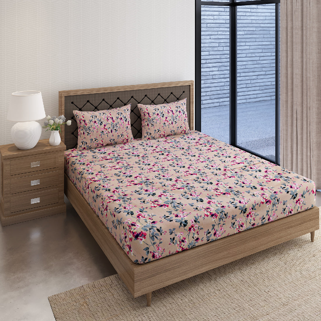 Beige All-Over Floral Print Pure Cotton 160 TC Double Queen Bedsheet with 2 Pillow Covers (90*100 Inches)