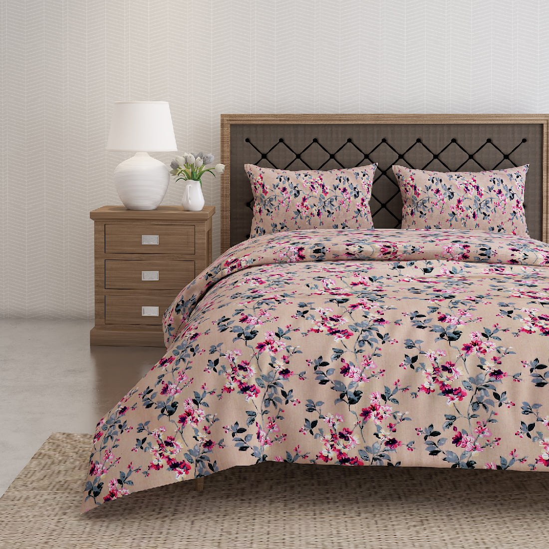 Beige All-Over Floral Print Pure Cotton 160 TC Double Queen Bedsheet with 2 Pillow Covers (90*100 Inches)