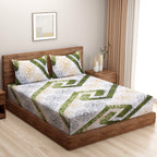 White & Green Geometric Floral Print Pure Cotton 160 TC Double Queen Bedsheet with 2 Pillow Covers (90*100 Inches)