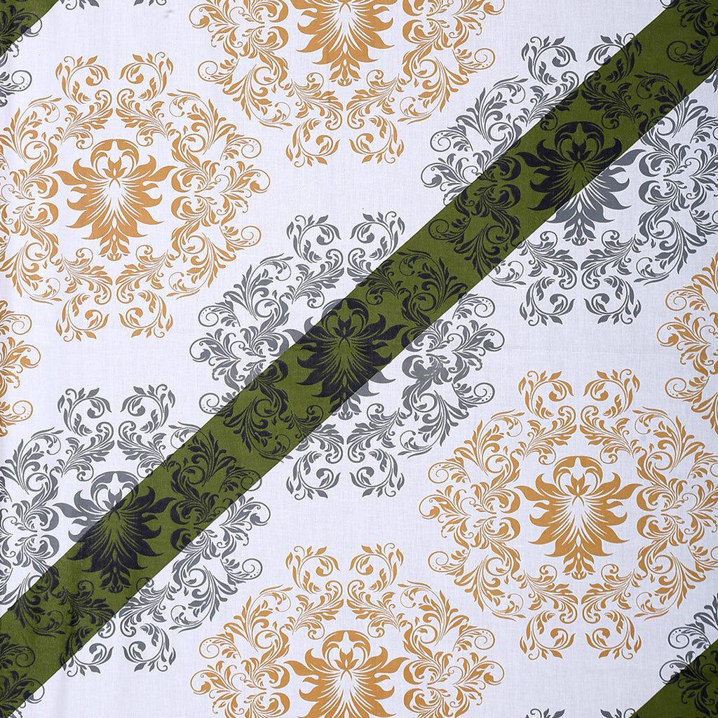 White & Green Geometric Floral Print Pure Cotton 160 TC Double Queen Bedsheet with 2 Pillow Covers (90*100 Inches)