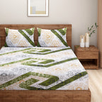 White & Green Geometric Floral Print Pure Cotton 160 TC Double Queen Bedsheet with 2 Pillow Covers (90*100 Inches)