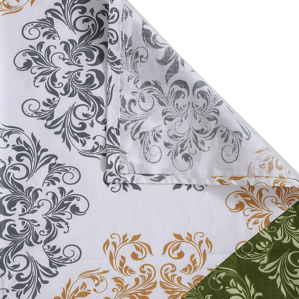 White & Green Geometric Floral Print Pure Cotton 160 TC Double Queen Bedsheet with 2 Pillow Covers (90*100 Inches)