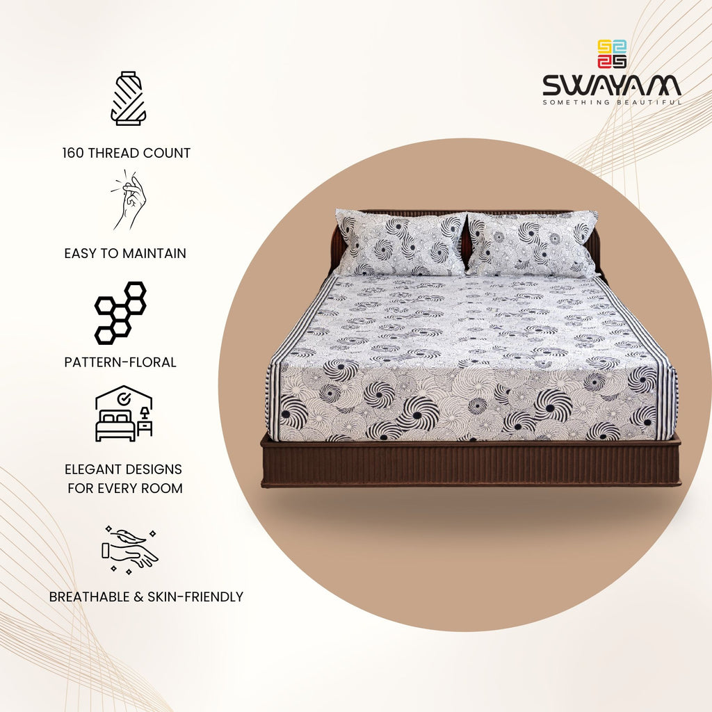 Black & White Abstract Spiral Print Pure Cotton 160 TC Double Queen Bedsheet with 2 Pillow Covers (90*100 Inches)