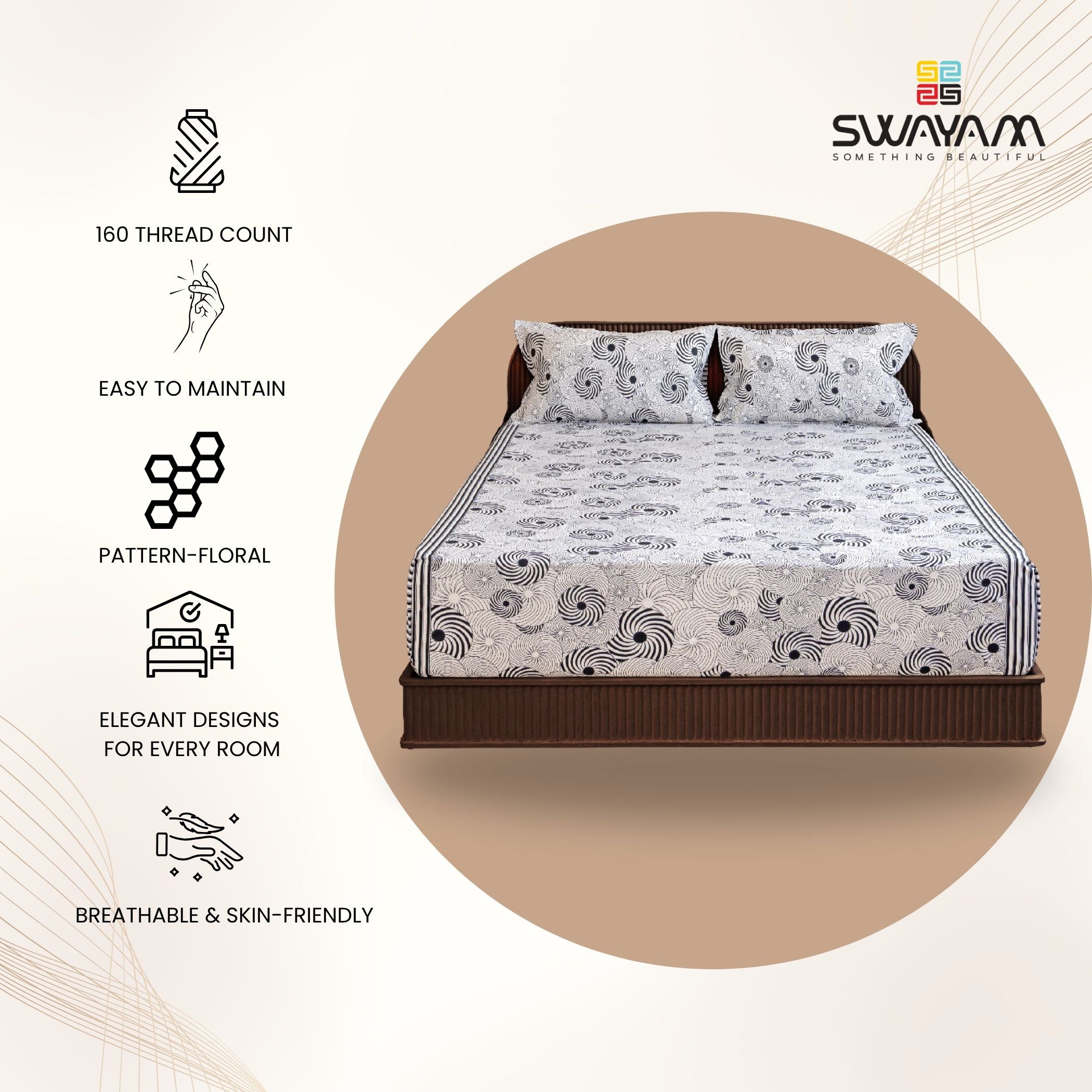 Black & White Abstract Spiral Print Pure Cotton 160 TC Double Queen Bedsheet with 2 Pillow Covers (90*100 Inches)