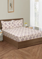 Beige & Purple Geometric Print Pure Cotton 160 TC King Fitted Bedsheet with 2 Pillow Covers (72x78x10 Inches)