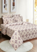 Beige & Purple Geometric Print Pure Cotton 160 TC King Fitted Bedsheet with 2 Pillow Covers (72x78x10 Inches)