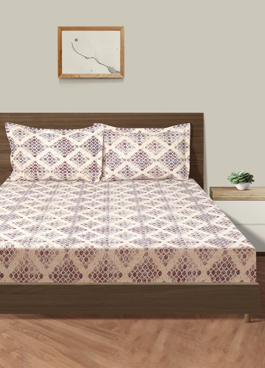 Beige & Purple Geometric Print Pure Cotton 160 TC King Fitted Bedsheet with 2 Pillow Covers (72x78x10 Inches)