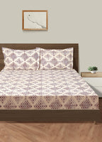 Beige & Purple Geometric Print Pure Cotton 160 TC King Fitted Bedsheet with 2 Pillow Covers (72x78x10 Inches)
