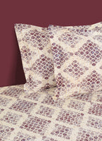 Beige & Purple Geometric Print Pure Cotton 160 TC King Fitted Bedsheet with 2 Pillow Covers (72x78x10 Inches)
