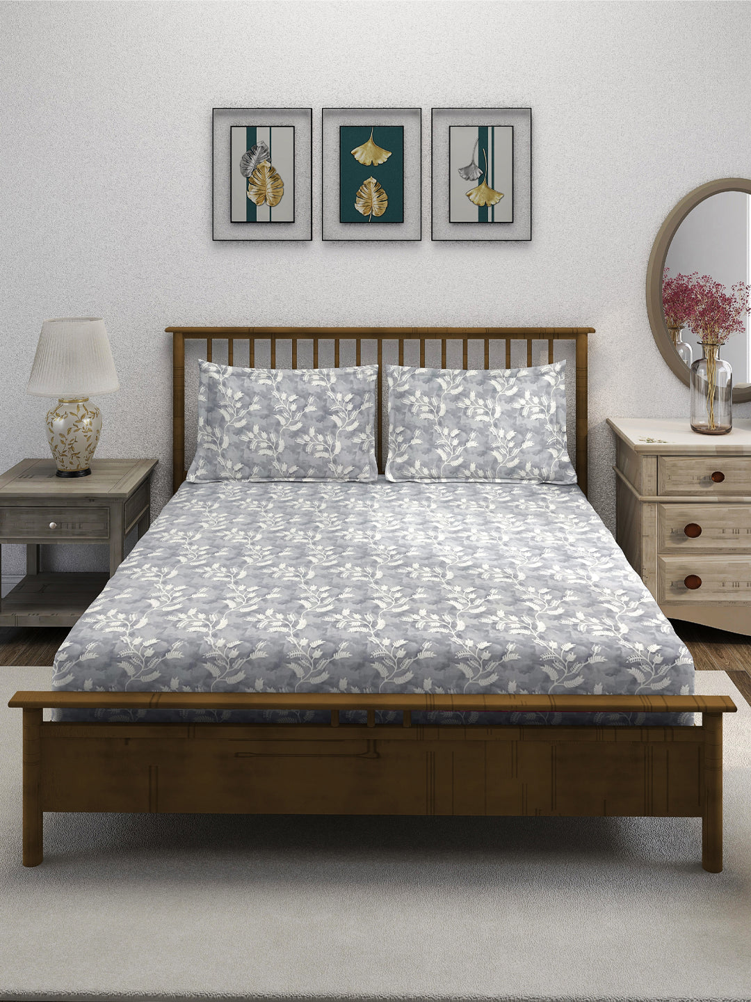 Grey Serenity - Leafy 160TC Pure Cotton Double Queen (90x100 Inches)