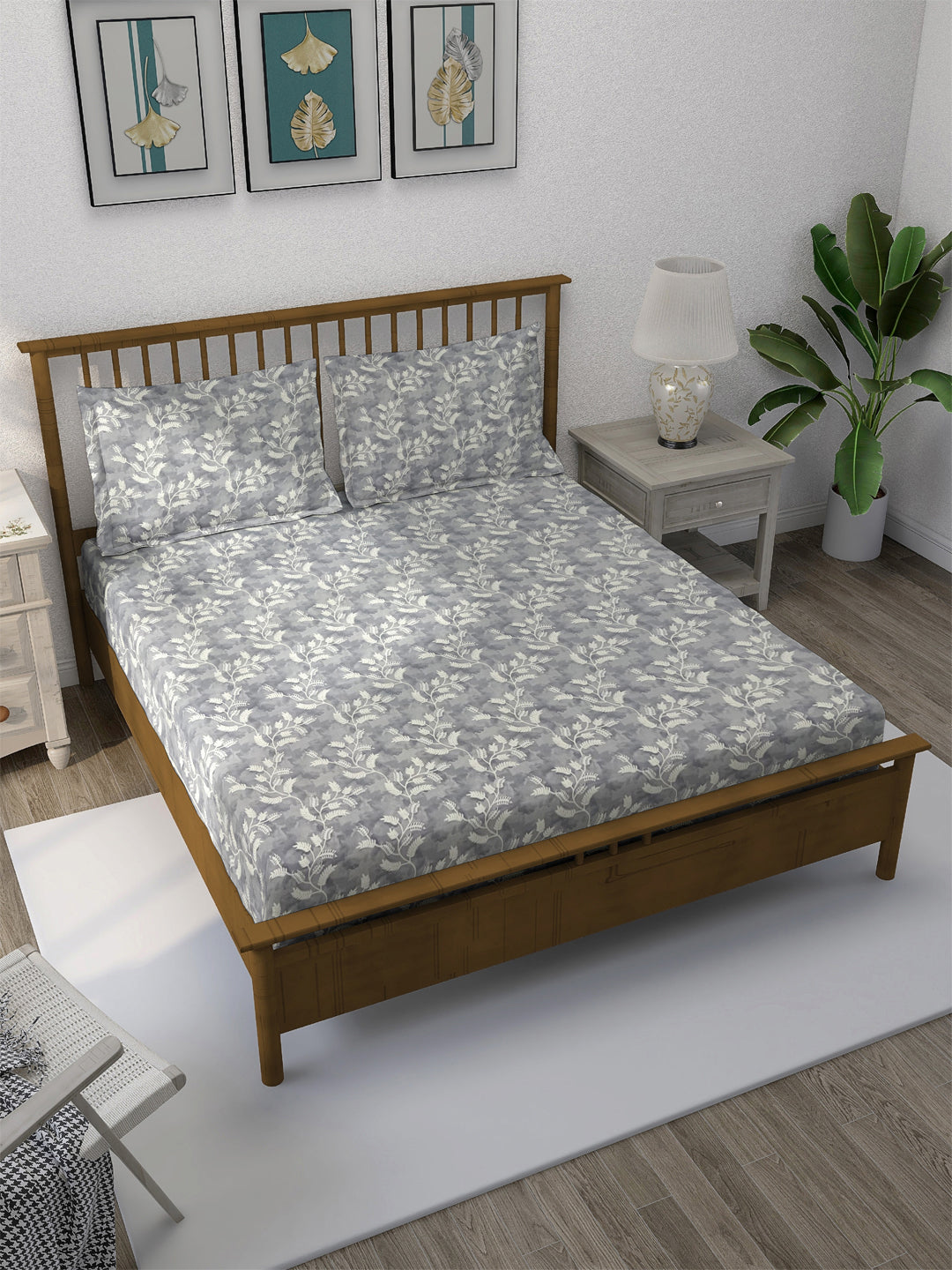 Grey Serenity - Leafy 160TC Pure Cotton Double Queen (90x100 Inches)