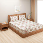 Cream Floral Printed 250 TC Cotton Double Bedsheet with Matching 2 Pillow Covers (90x108 Inches)