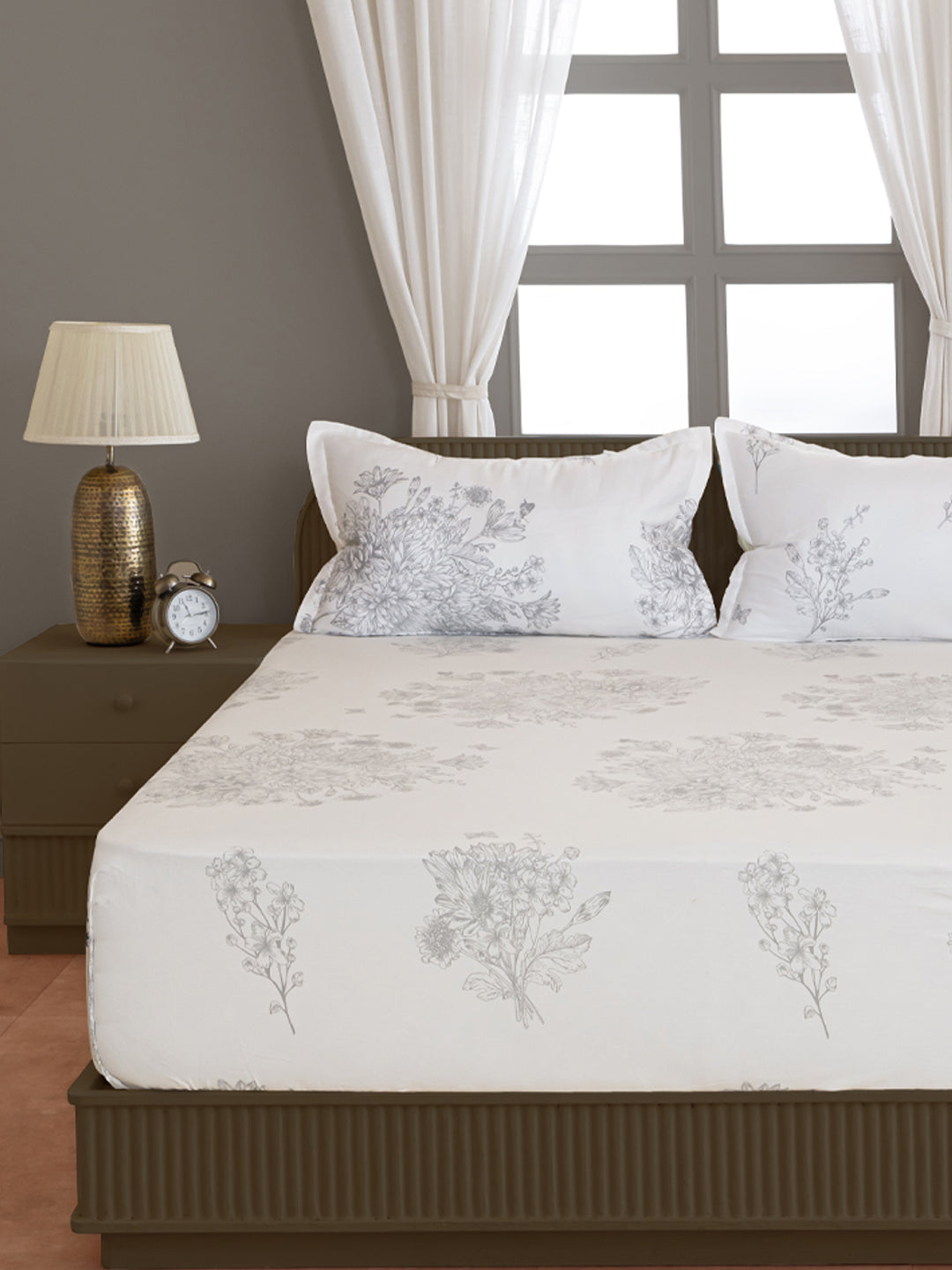 White Floral Printed 250 TC Cotton Double Bedsheet with Matching 2 Pillow Covers (90x108 Inches)