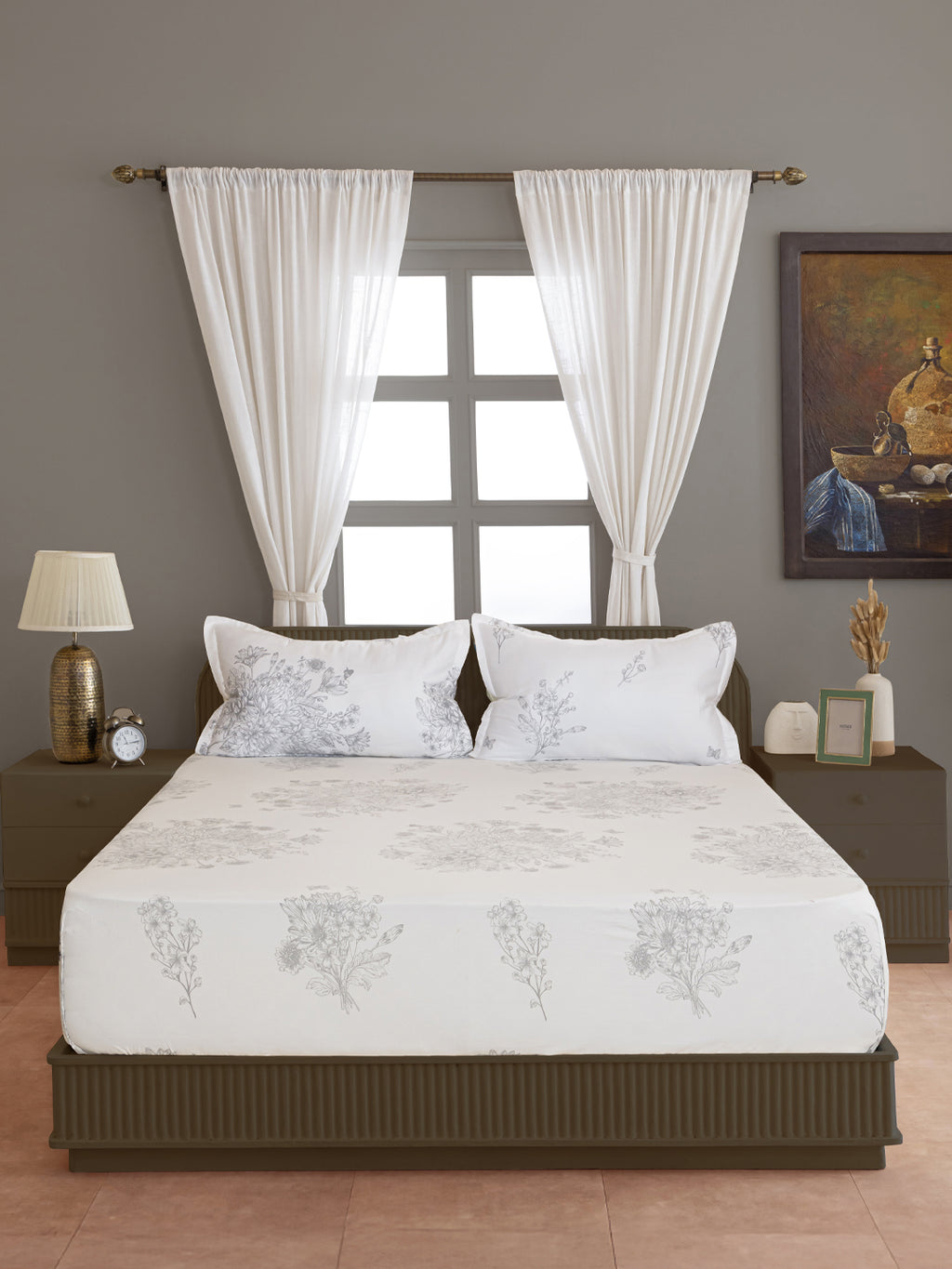 White Floral Printed 250 TC Cotton Double Bedsheet with Matching 2 Pillow Covers (90x108 Inches)