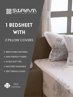 White Floral Printed 250 TC Cotton Double Bedsheet with Matching 2 Pillow Covers (90x108 Inches)