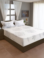 White Floral Printed 250 TC Cotton Double Bedsheet with Matching 2 Pillow Covers (90x108 Inches)