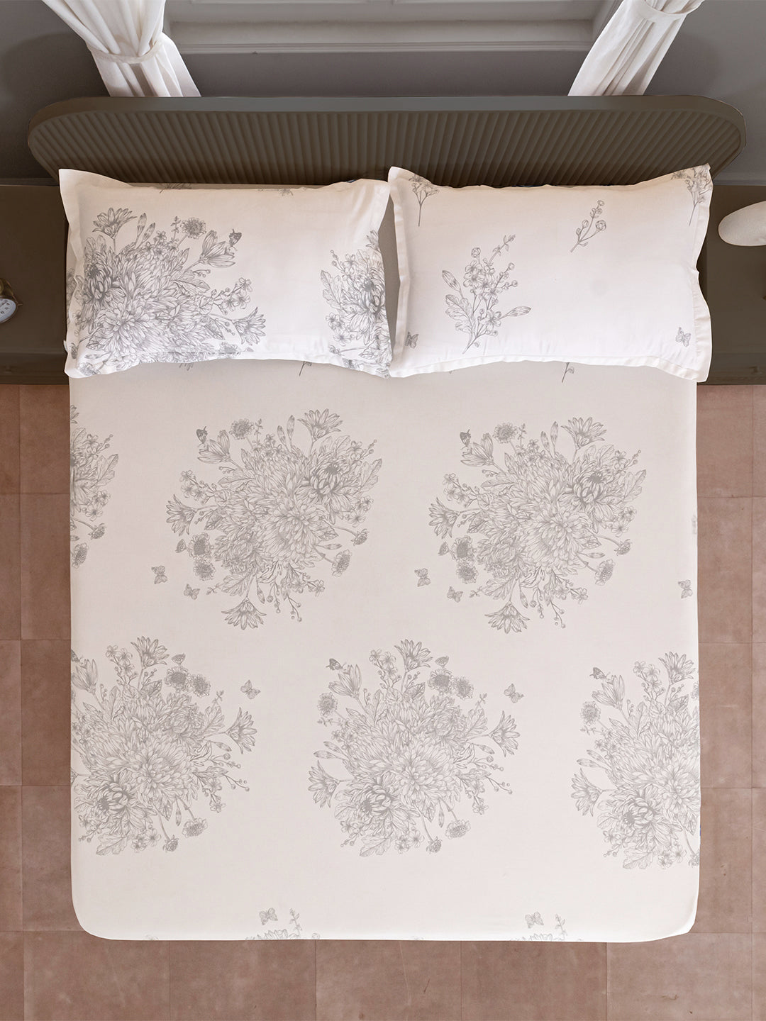 White Floral Printed 250 TC Cotton Double Bedsheet with Matching 2 Pillow Covers (90x108 Inches)