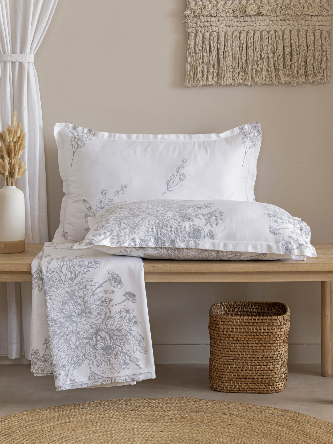 White Floral Printed 250 TC Cotton Double Bedsheet with Matching 2 Pillow Covers (90x108 Inches)