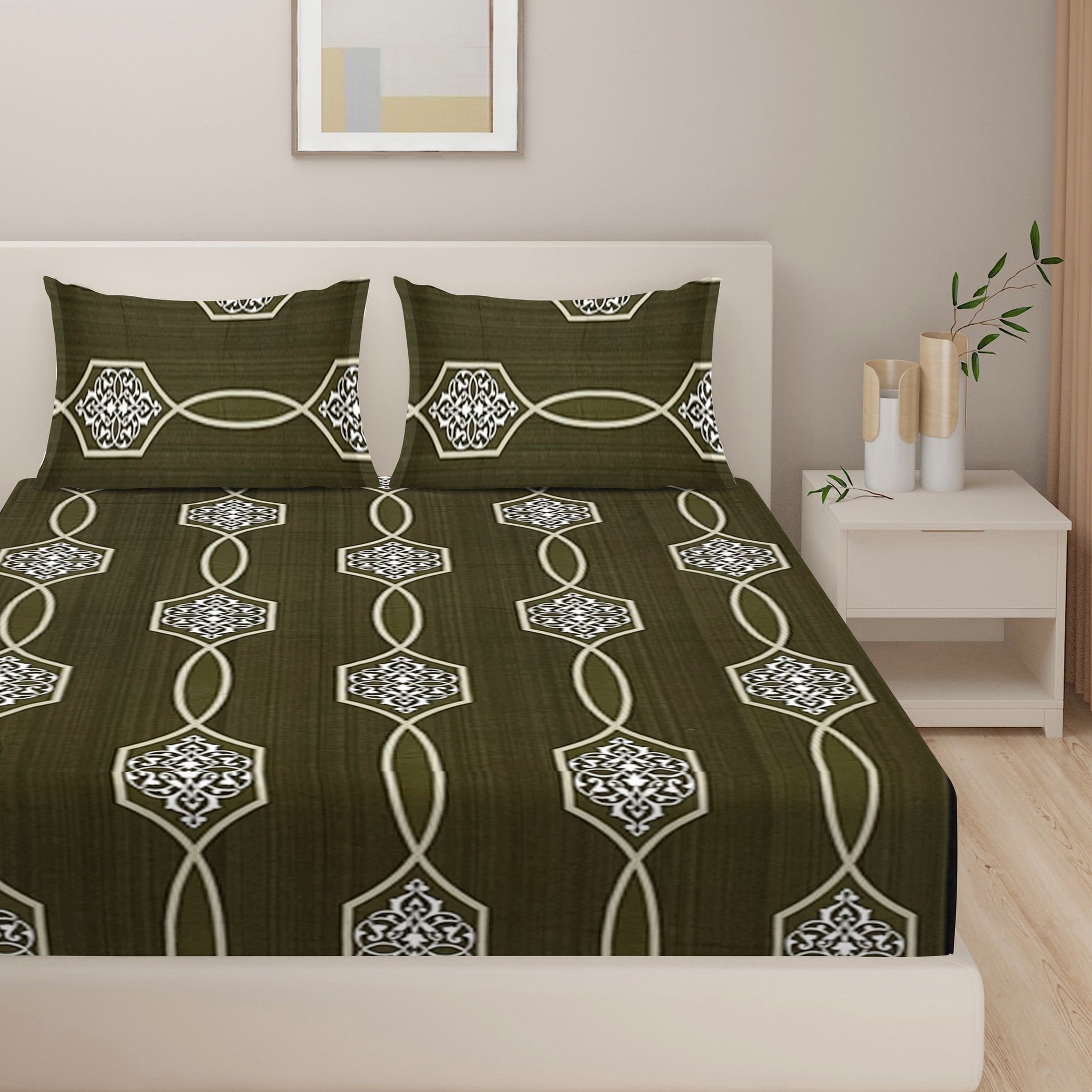 Classic Olive Royale Cotton Double King Bedsheet with 2 Pillow Covers 250TC - Geometric Art Pattern (90x108 inches)
