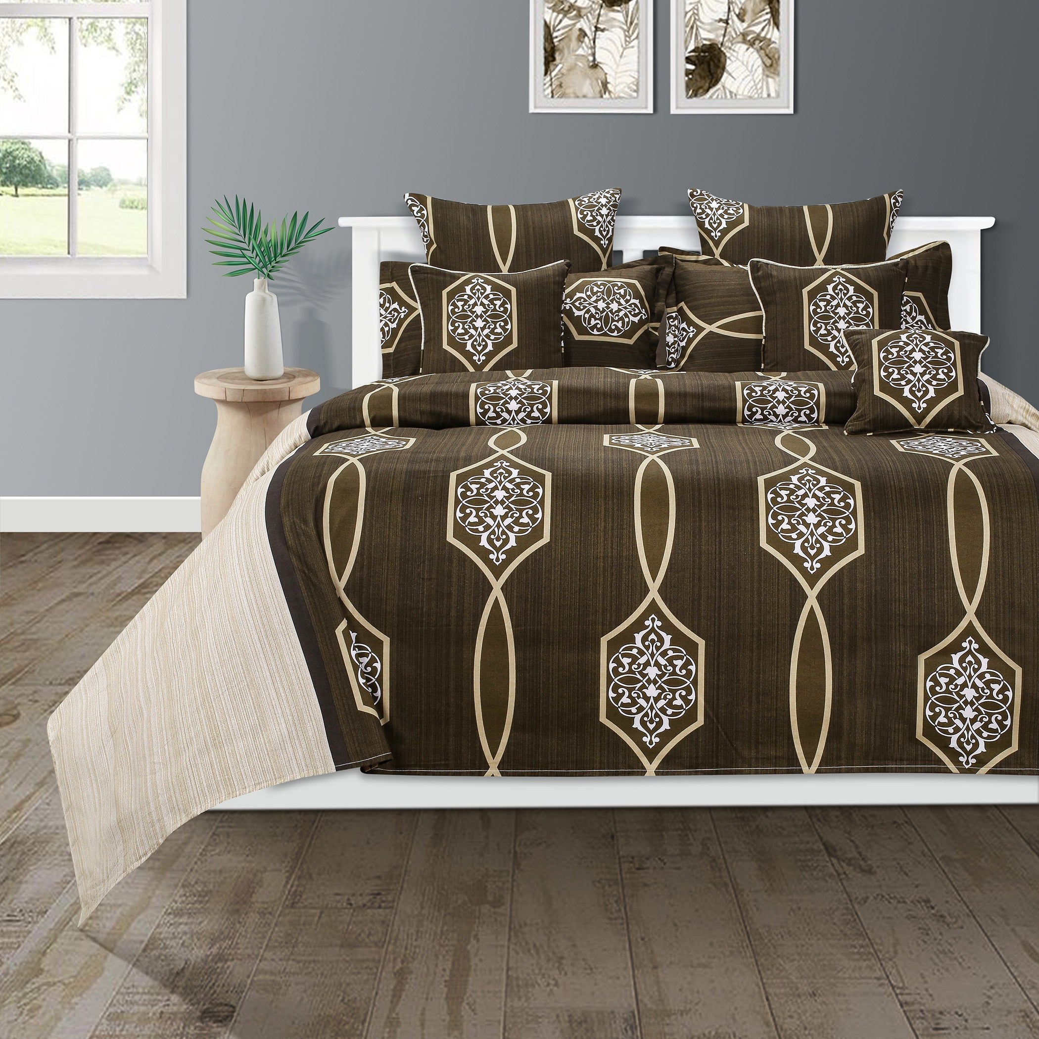Classic Olive Royale Cotton Double King Bedsheet with 2 Pillow Covers 250TC - Geometric Art Pattern (90x108 inches)
