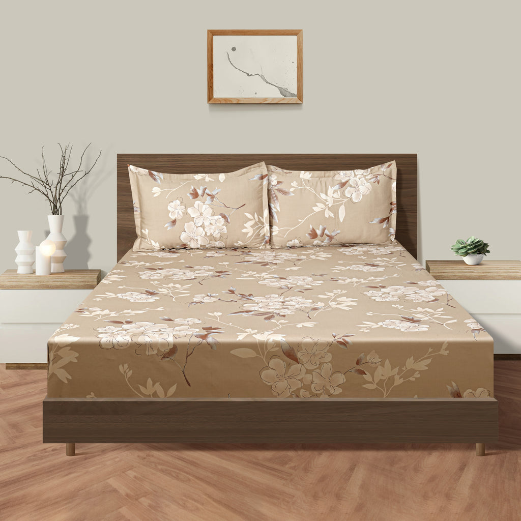 Elegant Floral Harmony Cotton Double King Bedsheet with 2 Pillow Covers 250TC - Warm Beige (90x108 inches)
