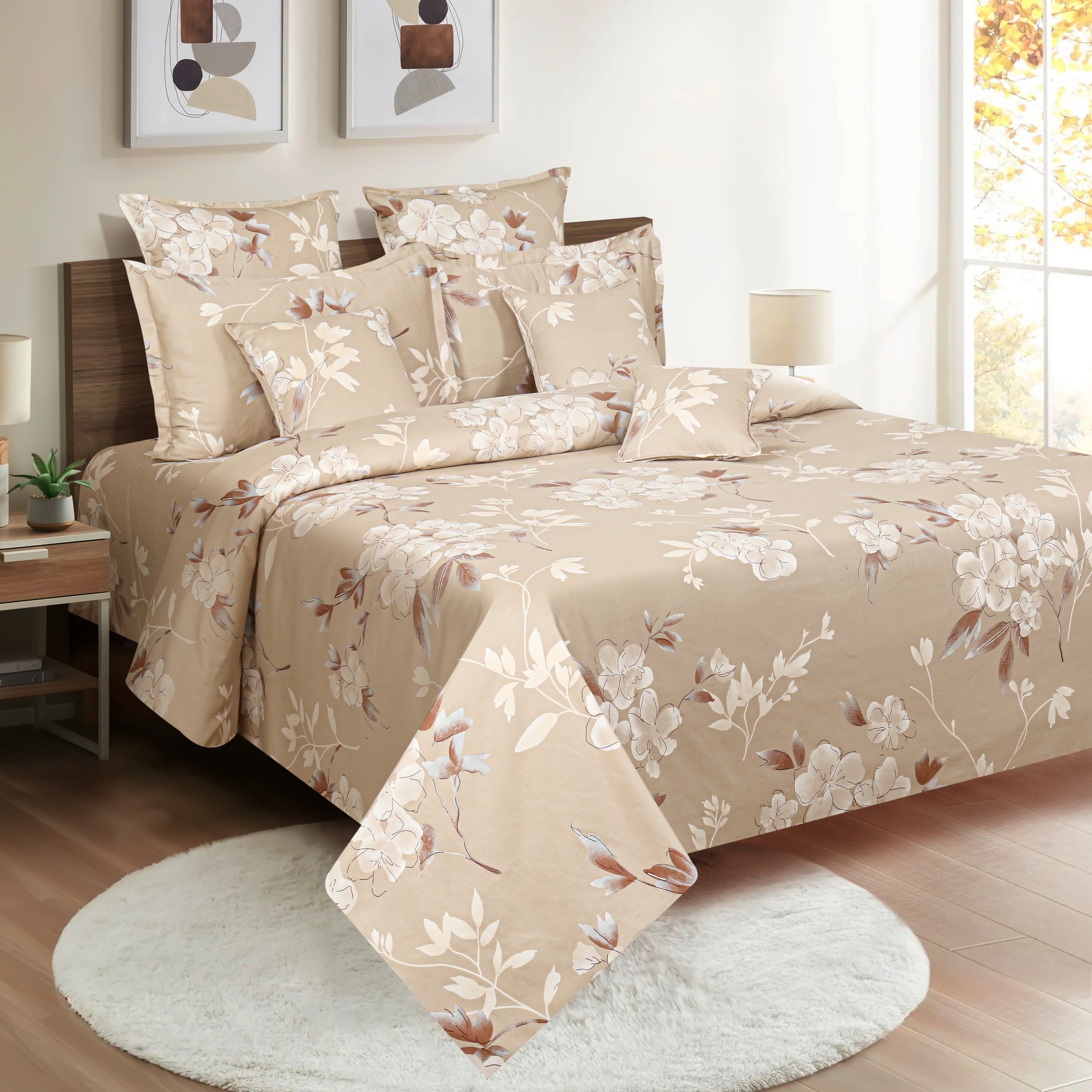Elegant Floral Harmony Cotton Double King Bedsheet with 2 Pillow Covers 250TC - Warm Beige (90x108 inches)