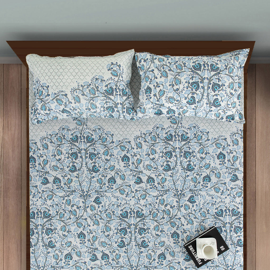 Cotton Double King Bedsheet with 2 Pillow Covers 250TC - Blue & White Ethnic Floral Print (90x108 inches)