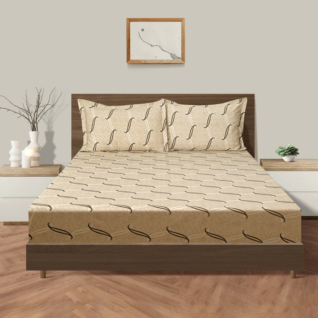 Cotton Double King Bedsheet with 2 Pillow Covers 250TC - Beige Geometric Pattern (90x108 inches)