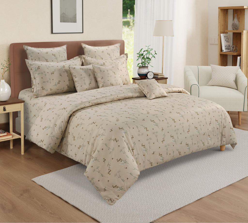 Cotton Double King Bedsheet with 2 Pillow Covers 250TC - Beige with Minimal Floral Print (90x108 inches)