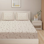 Cotton Double King Bedsheet with 2 Pillow Covers 250TC - Beige with Minimal Floral Print (90x108 inches)