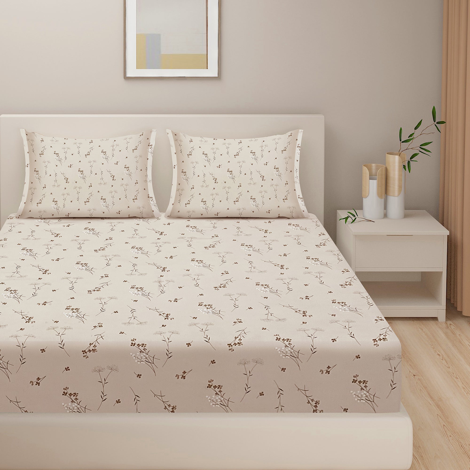 Cotton Double King Bedsheet with 2 Pillow Covers 250TC - Beige with Minimal Floral Print (90x108 inches)