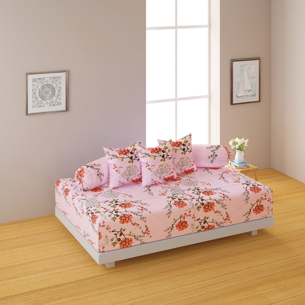 Premium 6 Pcs Pure Cotton Quilted Diwan Set – Pink Floral Design