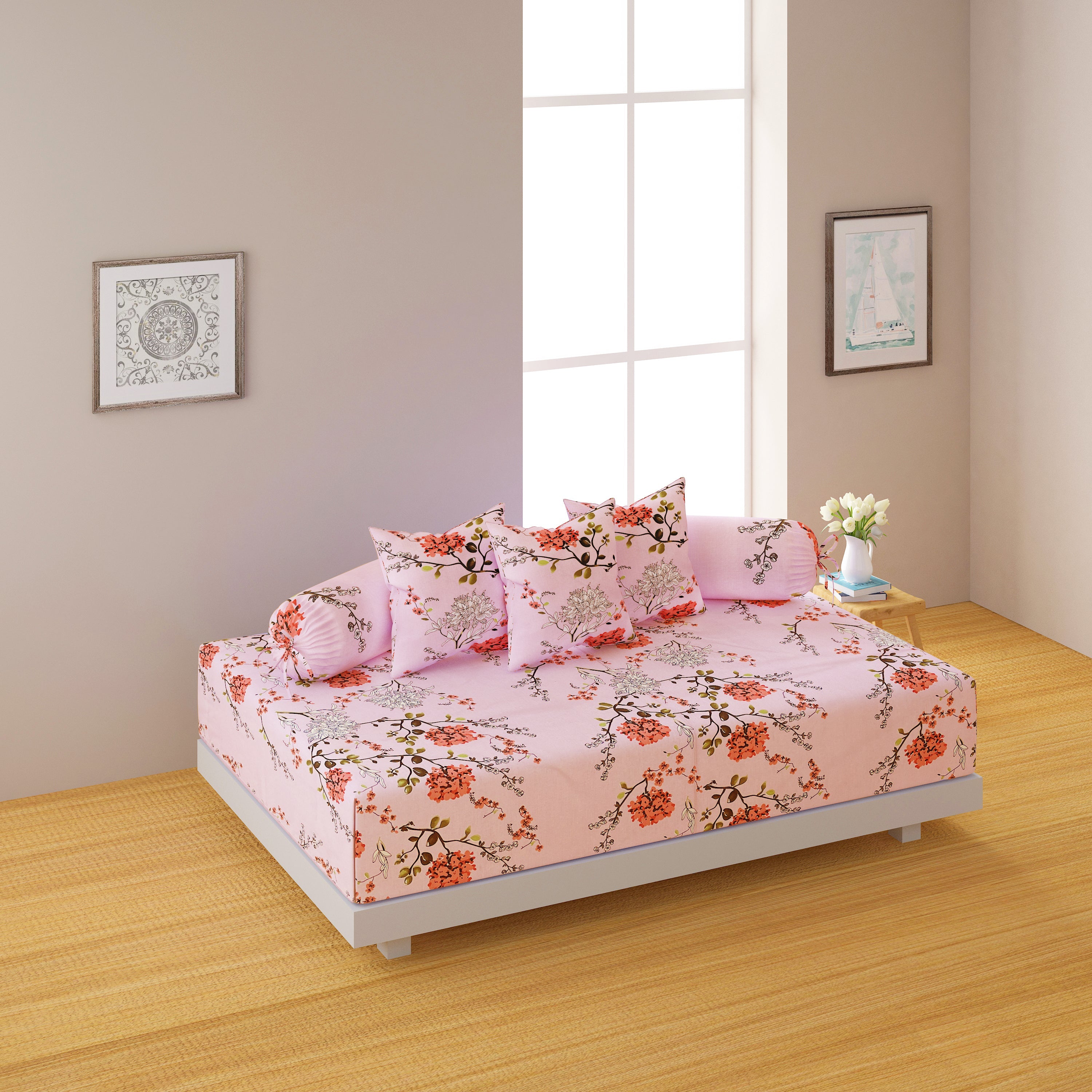 Premium 6 Pcs Pure Cotton Quilted Diwan Set – Pink Floral Design