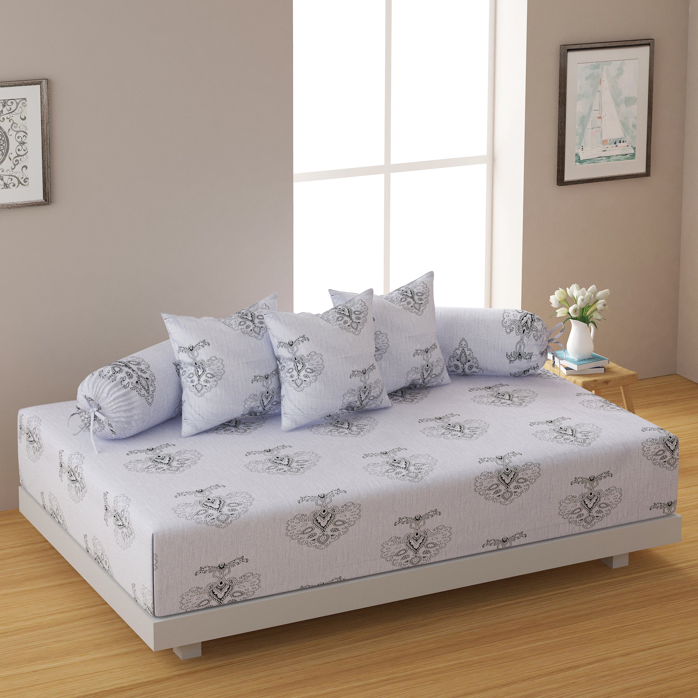 Premium 6 Pcs Pure Cotton Quilted Diwan Set – Beige Ethnic Motif Design