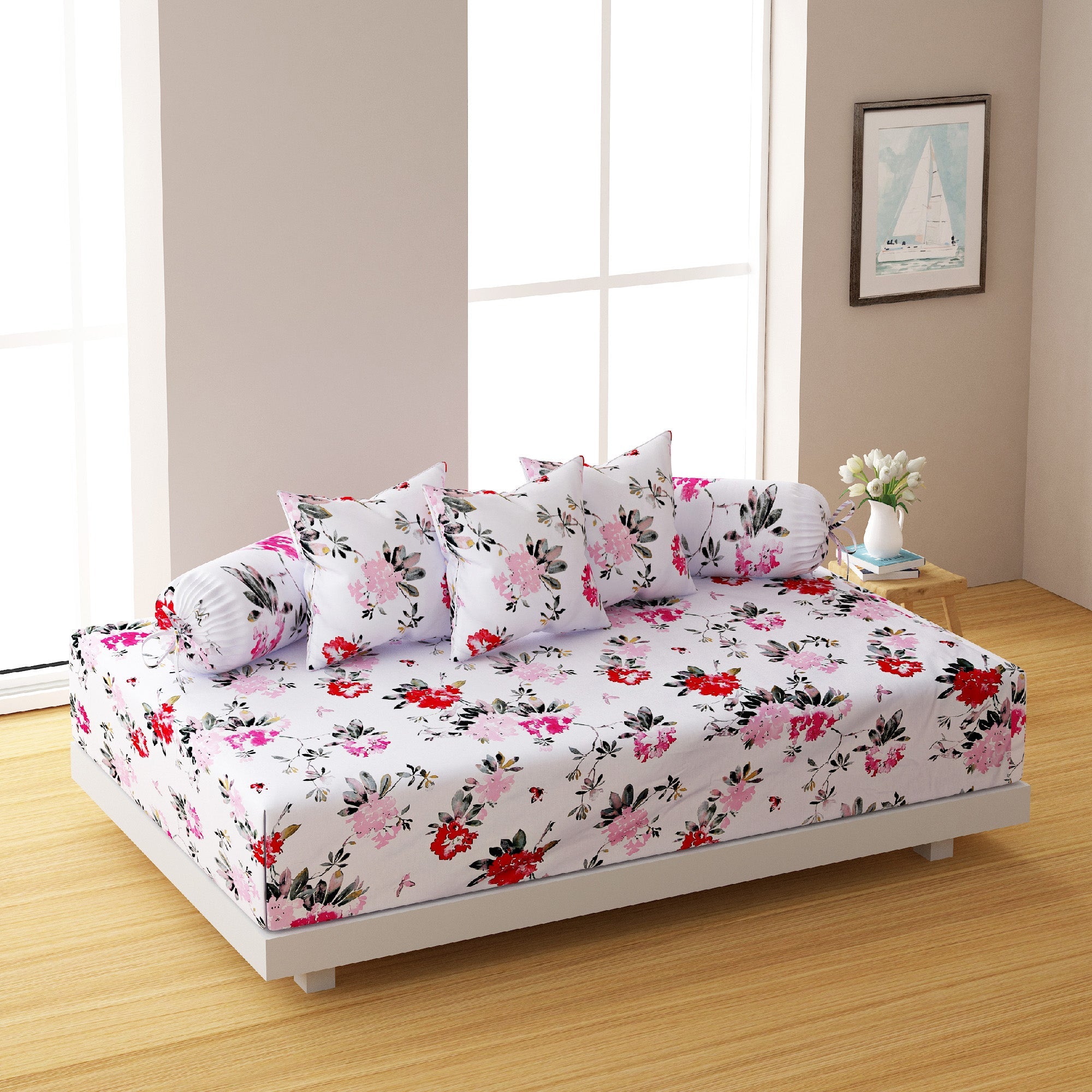 Premium 6 Pcs Pure Cotton Quilted Diwan Set – Pink Floral Design