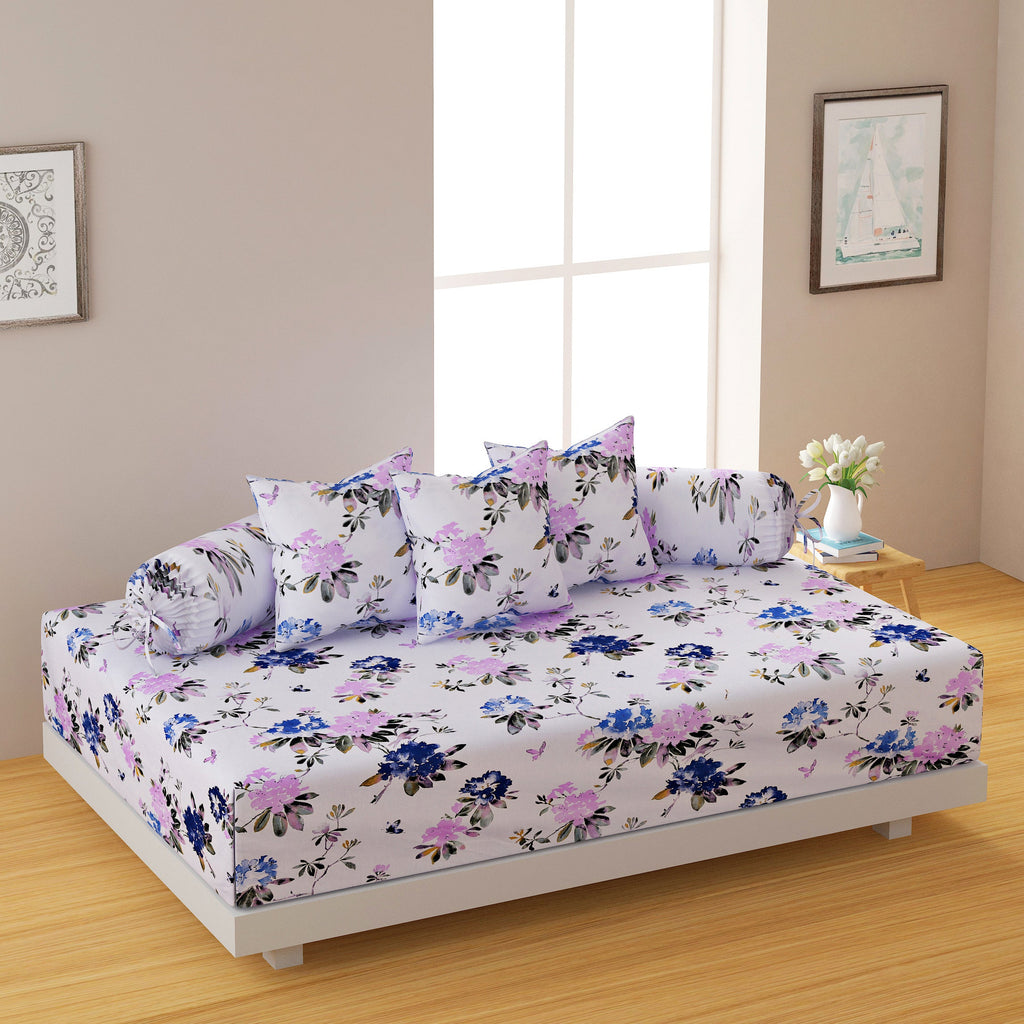 Premium 6 Pcs Pure Cotton Quilted Diwan Set – Blue Floral Design