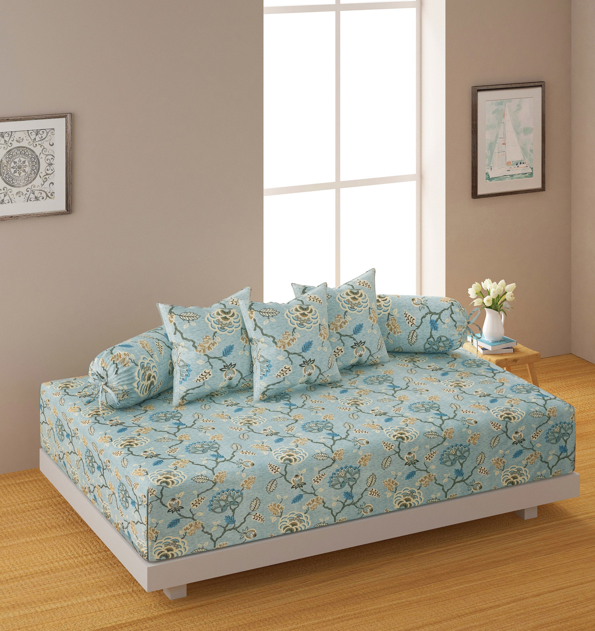 Premium 6 Pcs Pure Cotton Quilted Diwan Set – Blue Floral Design