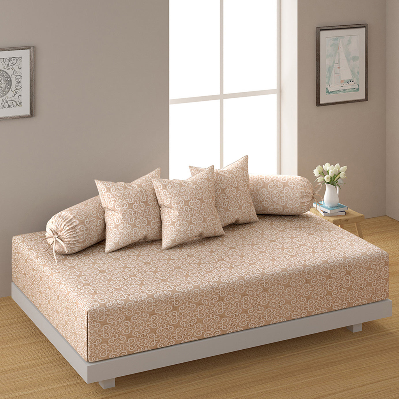 Premium 6 Pcs Pure Cotton Quilted Diwan Set – Beige Motif Design
