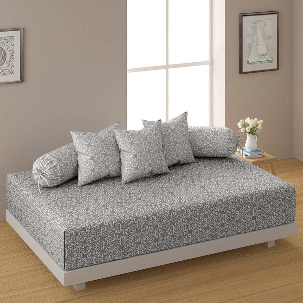 Premium 6 Pcs Pure Cotton Quilted Diwan Set – Grey Motif Design