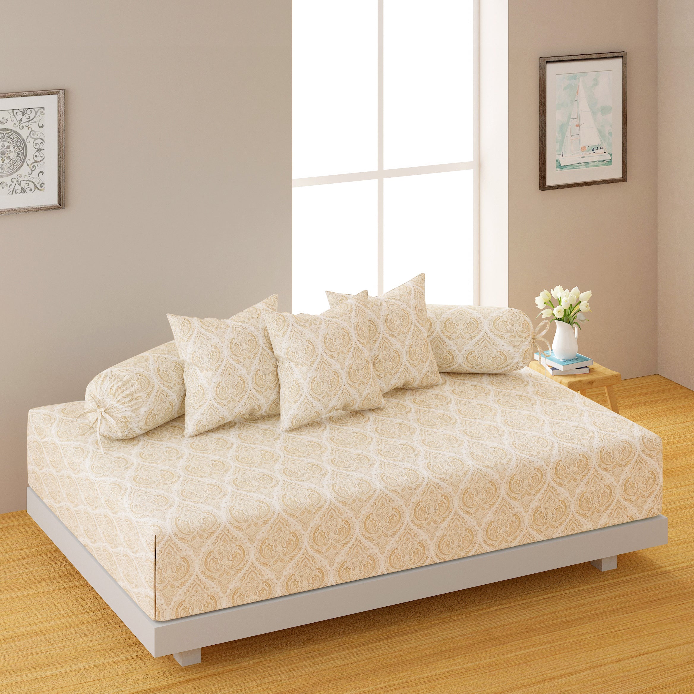 Premium 6 Pcs Pure Cotton Quilted Diwan Set – Beige Motif Design