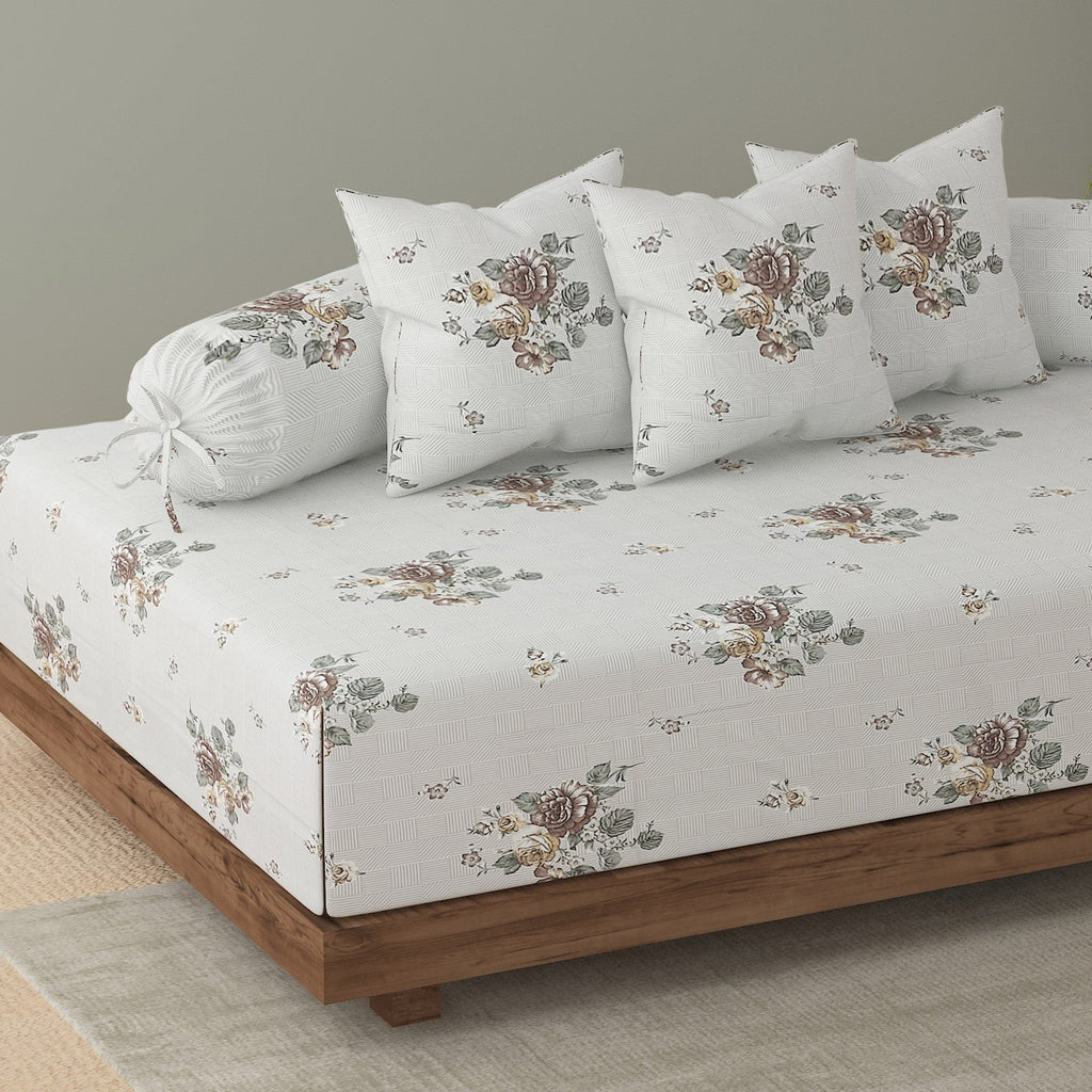 Premium 6 Pcs Pure Cotton Quilted Diwan Set – Beige Floral Design